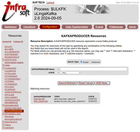 uLinga for Kafka for NonStop GUI used by US Foods