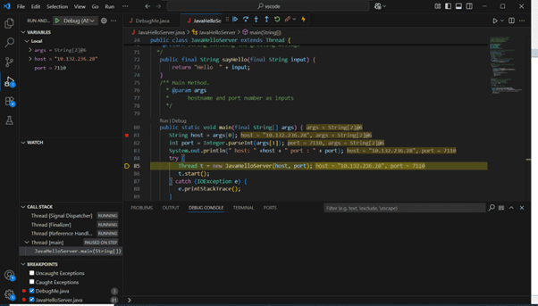 After the debugger successfully attaches to the remote Java application, you will see the following screen