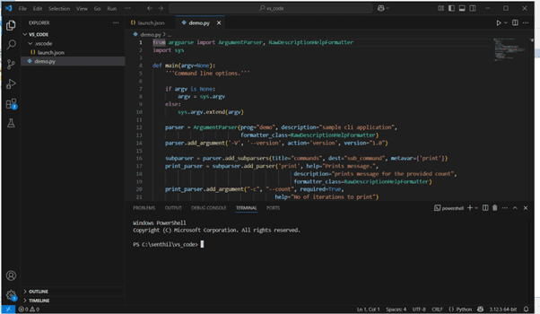 This python example demo.py is a sample command line interface, developed using argparse module.