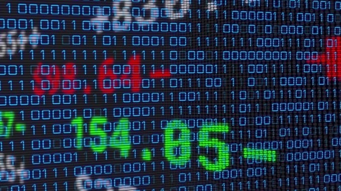 Image of financial data over binary code on black background. business, finance, technology and digital interface concept digitally generated image.