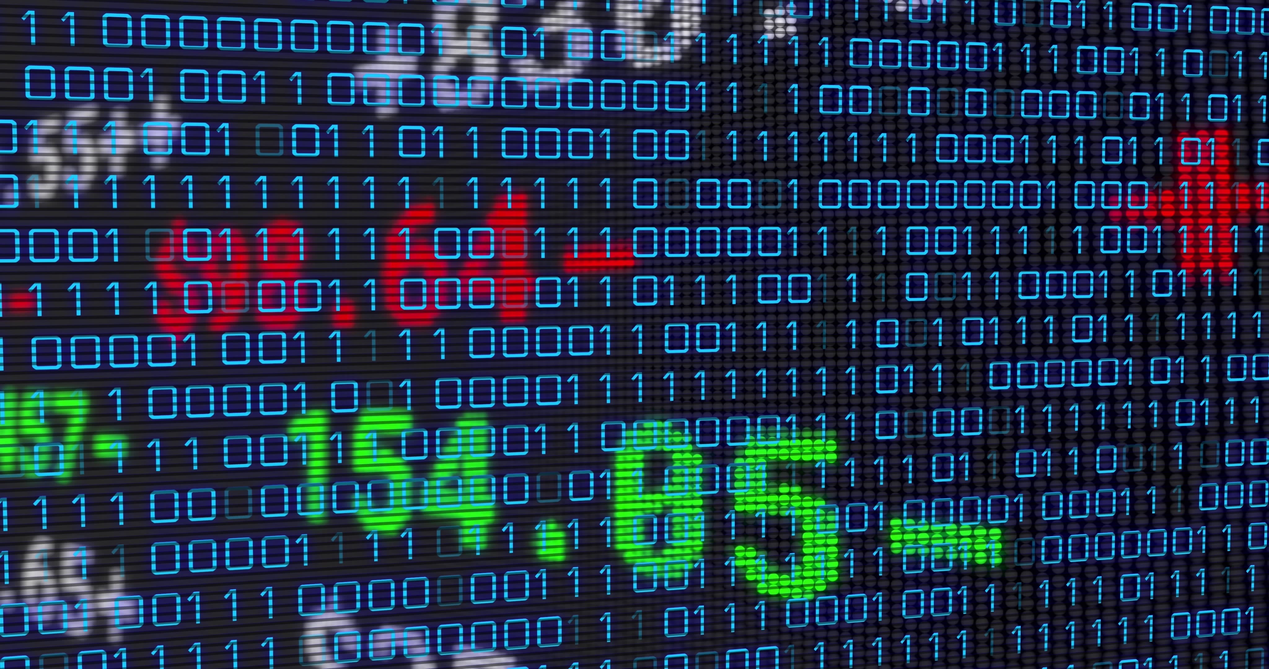 Image of financial data over binary code on black background. business, finance, technology and digital interface concept digitally generated image.